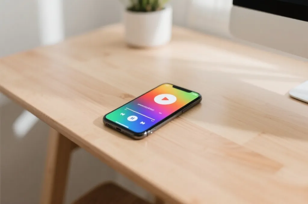A smartphone on a clean wooden table displaying a colorful media player interface with play and volume icons